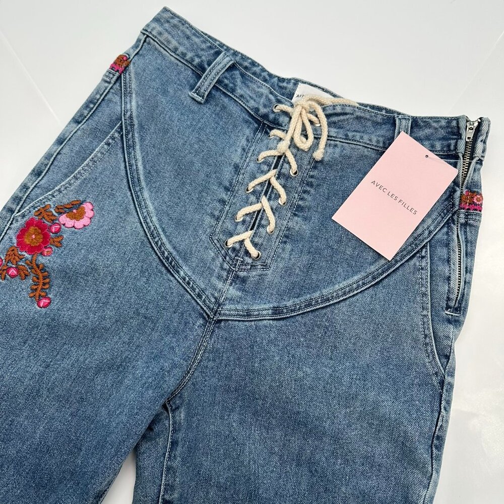 Avec Les Filles Women's Lace Up Side Zip Floral Embroidered Jeans, Size 27, Med.